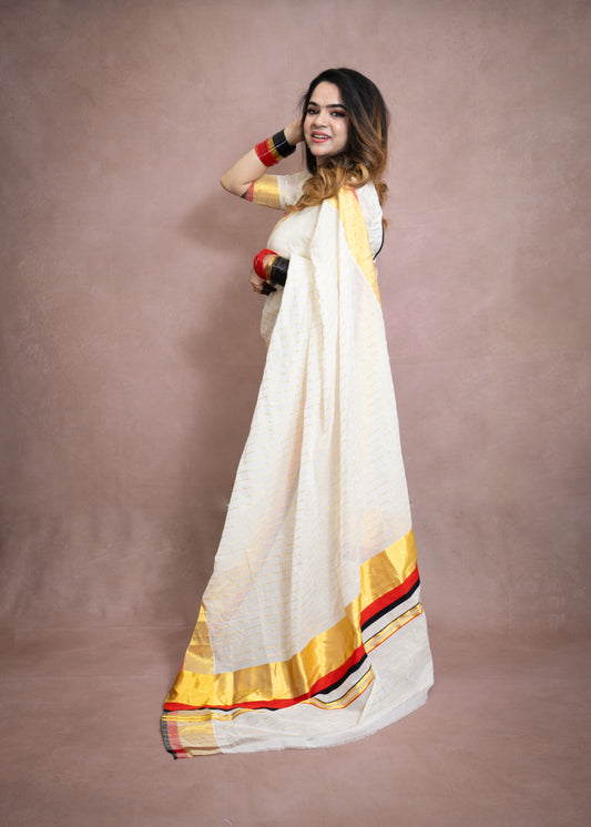 Kuthampully  handloom cotton saree with all-over Stripes -