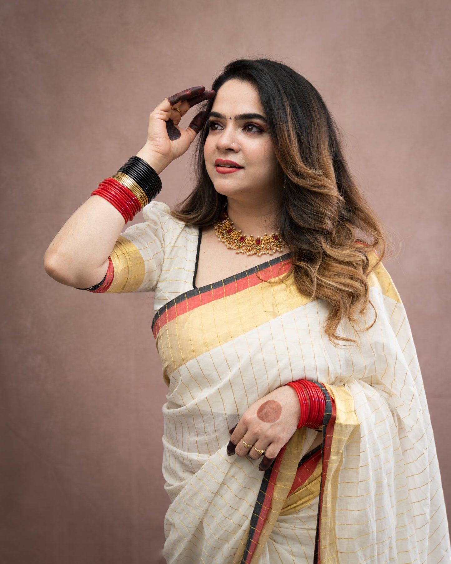 Kuthampully  handloom cotton saree with all-over Stripes -