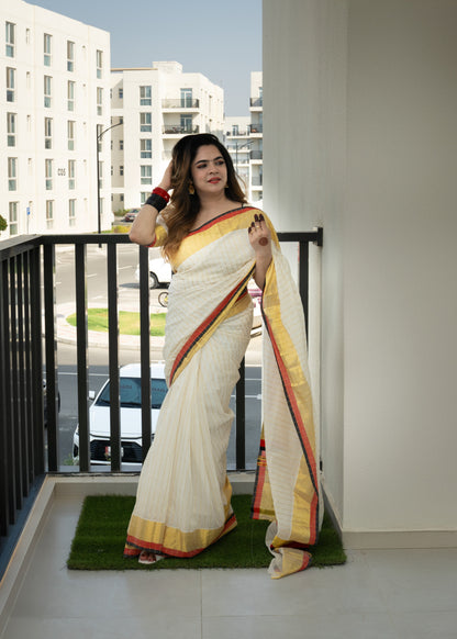 Kuthampully  handloom cotton saree with all-over Stripes -