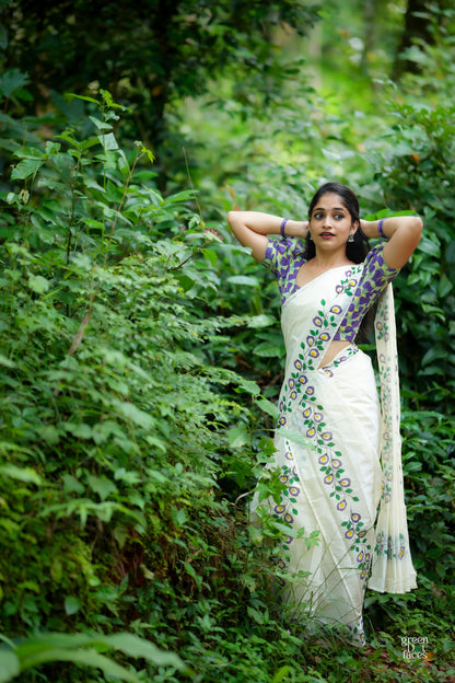 Sankupushpam Printed Pure Cotton Set Mundu with Hakoba Blouse