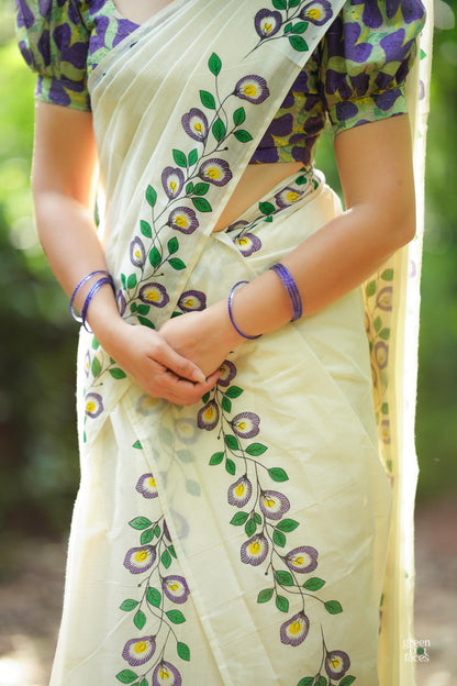 Sankupushpam Printed Pure Cotton Set Mundu with Hakoba Blouse