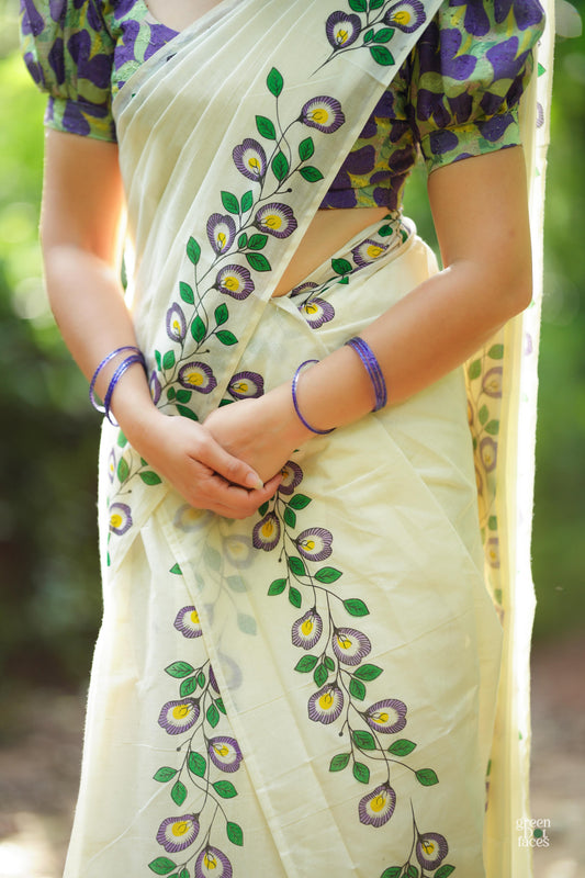 Sankupushpam Printed Pure Cotton Set Mundu with Hakoba Blouse