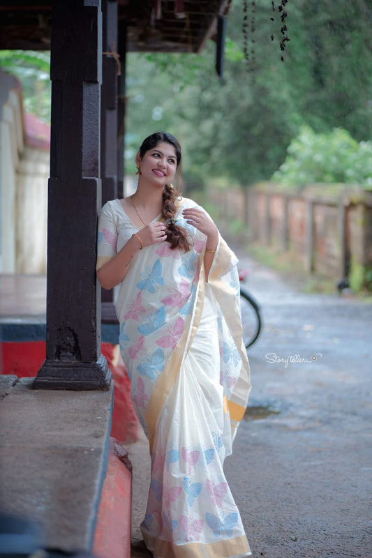Premium cotton saree in butterfly handblock prints