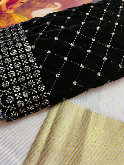 Unstitched Premium Cotton Tissue Skirt With Black Velvet Sequence Blouse