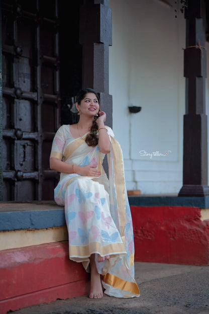 Premium cotton saree in butterfly handblock prints
