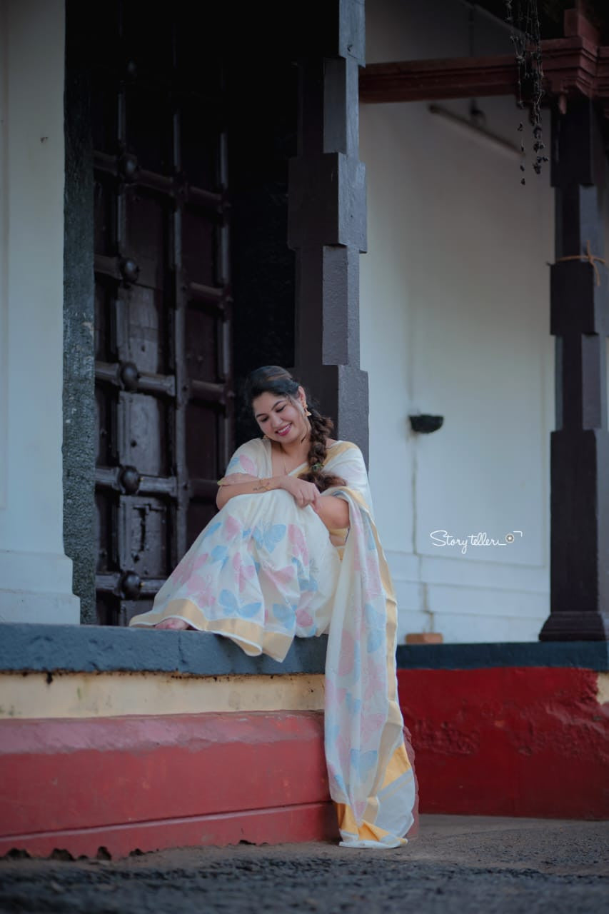 Premium cotton saree in butterfly handblock prints