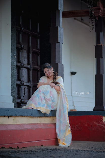 Premium cotton saree in butterfly handblock prints
