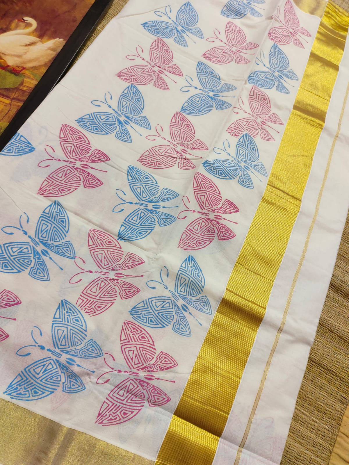 Premium cotton saree in butterfly handblock prints
