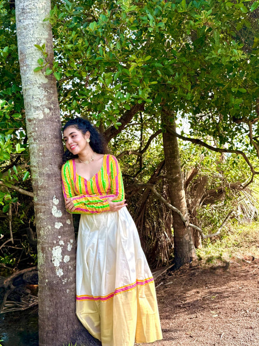 Unstitched Cotton Kasavu Skirt With Jaipur Cotton Lehariya Blouse.