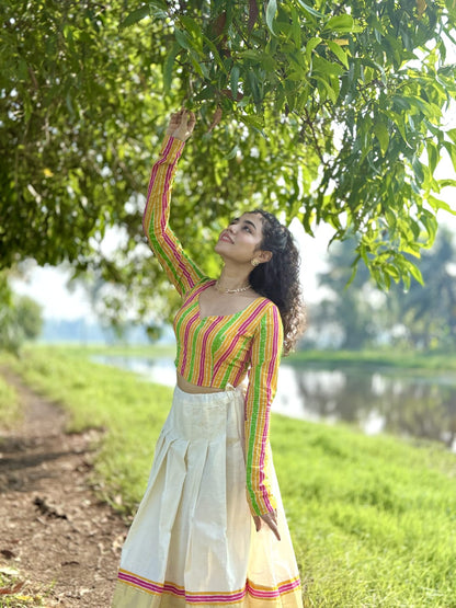 Unstitched Cotton Kasavu Skirt With Jaipur Cotton Lehariya Blouse.