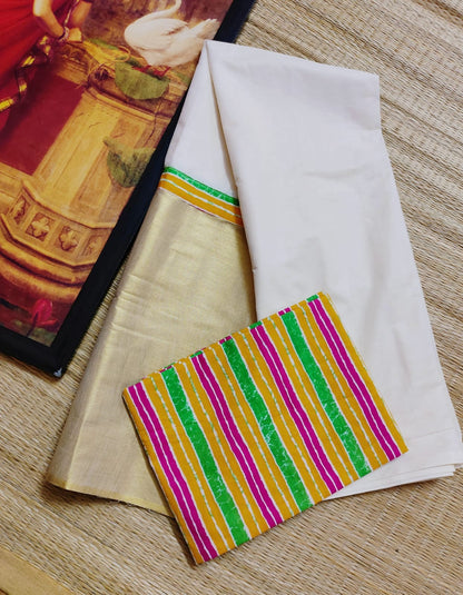 Unstitched Cotton Kasavu Skirt With Jaipur Cotton Lehariya Blouse.
