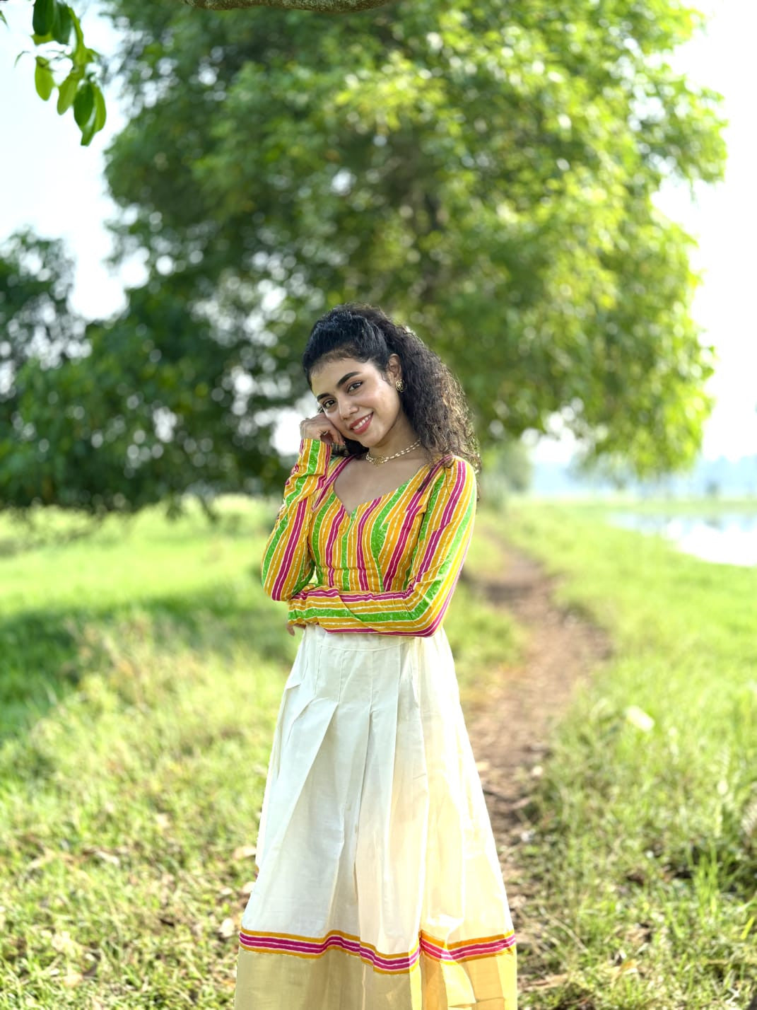 Unstitched Cotton Kasavu Skirt With Jaipur Cotton Lehariya Blouse.