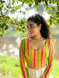 Unstitched Cotton Kasavu Skirt With Jaipur Cotton Lehariya Blouse.