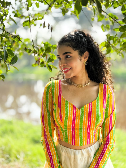 Unstitched Cotton Kasavu Skirt With Jaipur Cotton Lehariya Blouse.