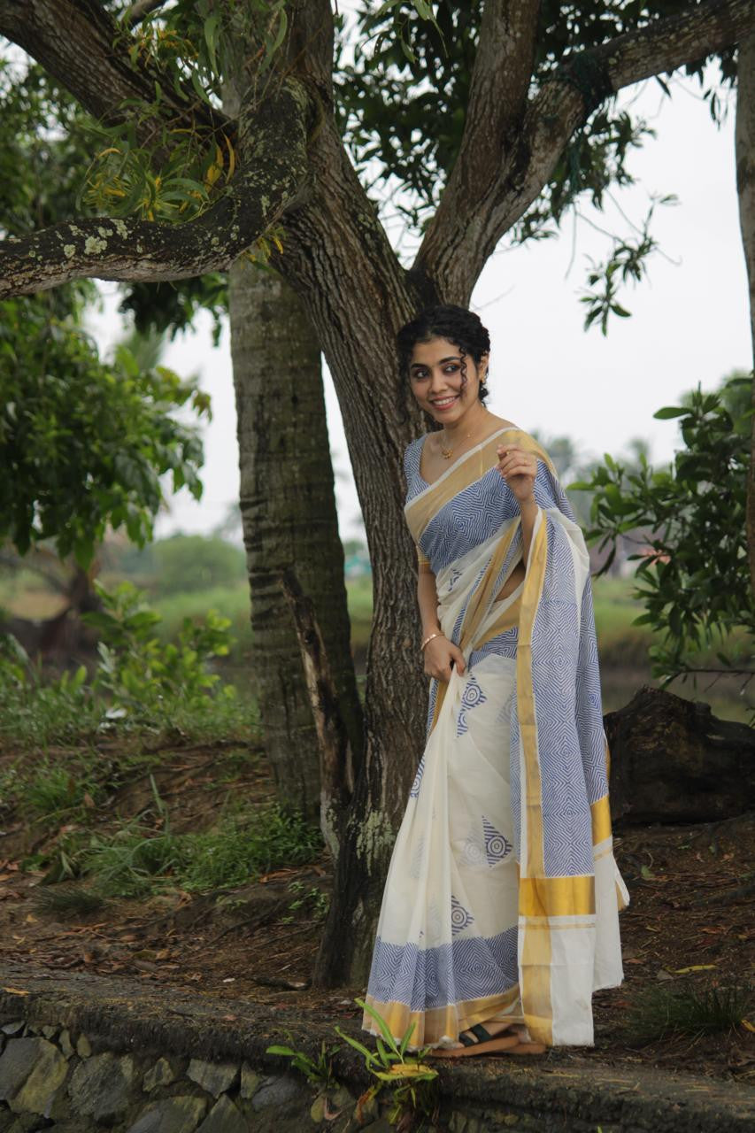Pure Cotton Hand Block Print Saree With Fully Printed Blouse.