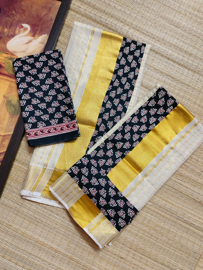 Premium Tissue Striped Set Mundu With Ajrakh Patchwork And Premium Ajrakh Blouse.