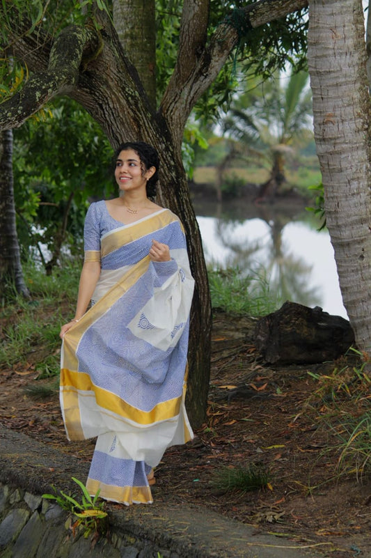 Pure Cotton Hand Block Print Saree With Fully Printed Blouse.