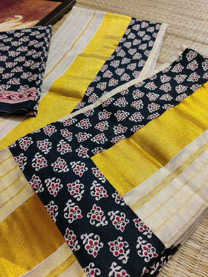 Premium Tissue Striped Set Mundu With Ajrakh Patchwork And Premium Ajrakh Blouse.