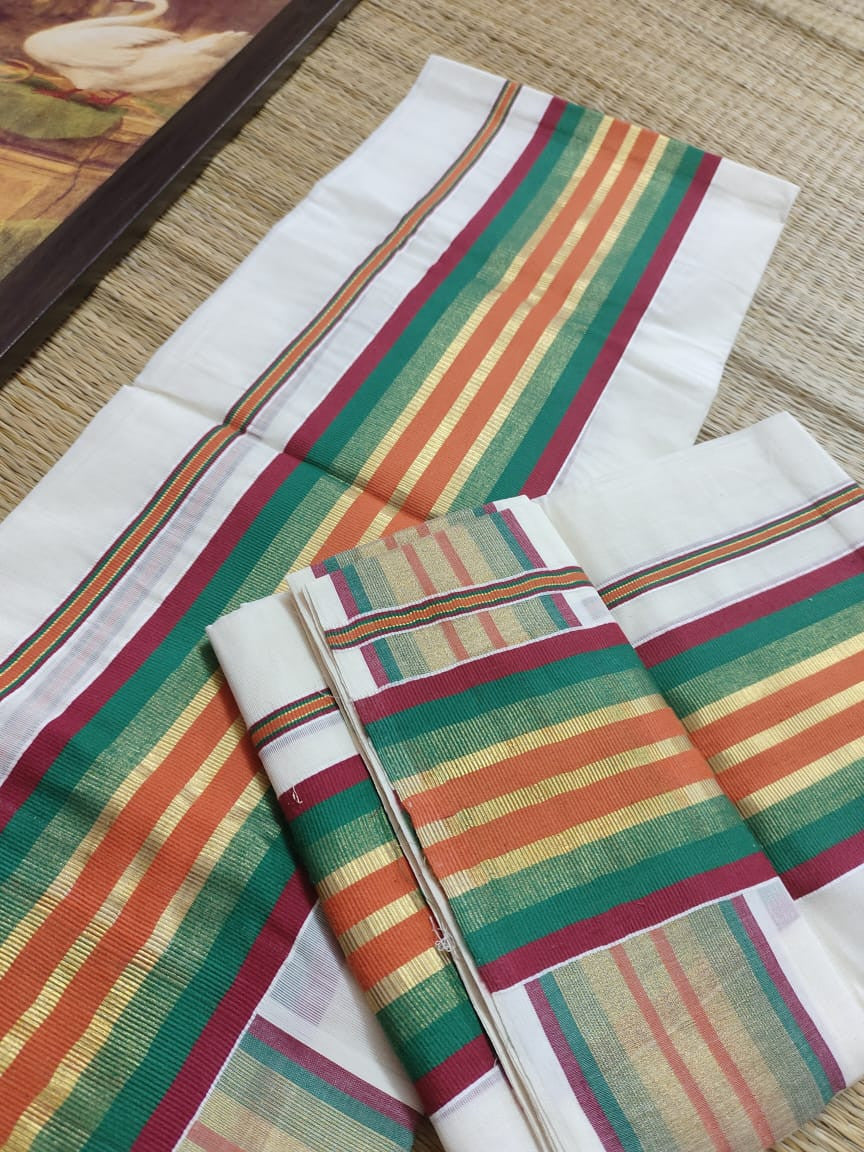Traditional Kerala Kasavu And Kara Set Mundu With Premium Zari And Semi Silk Cotton Blouse.