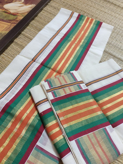 Traditional Kerala Kasavu And Kara Set Mundu With Premium Zari And Semi Silk Cotton Blouse.