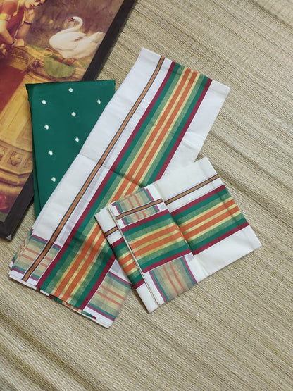 Traditional Kerala Kasavu And Kara Set Mundu With Premium Zari And Semi Silk Cotton Blouse.