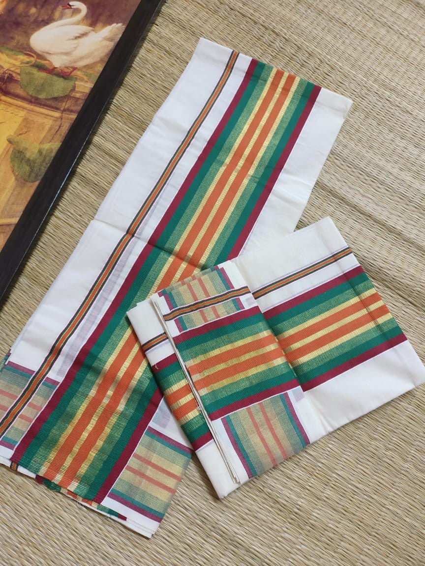 Traditional Kerala Kasavu And Kara Set Mundu With Premium Zari And Semi Silk Cotton Blouse.