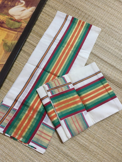 Traditional Kerala Kasavu And Kara Set Mundu With Premium Zari And Semi Silk Cotton Blouse.