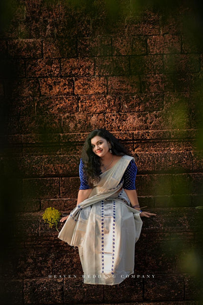 Silver tissue Kerala Set Mundu with blue polka prints and a premium sequence work velvet blouse (2.80m).