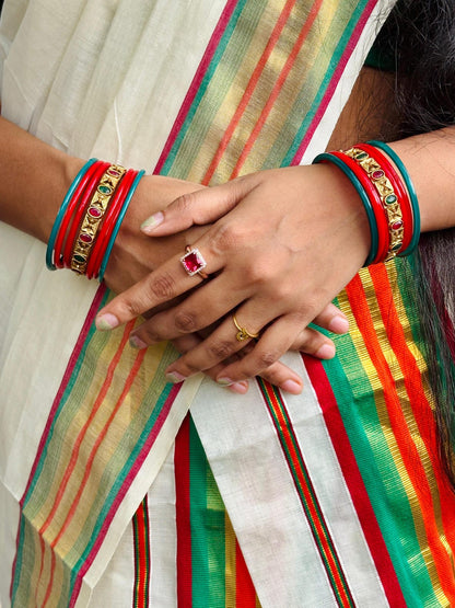 Traditional Kerala Kasavu And Kara Set Mundu With Premium Zari And Semi Silk Cotton Blouse.