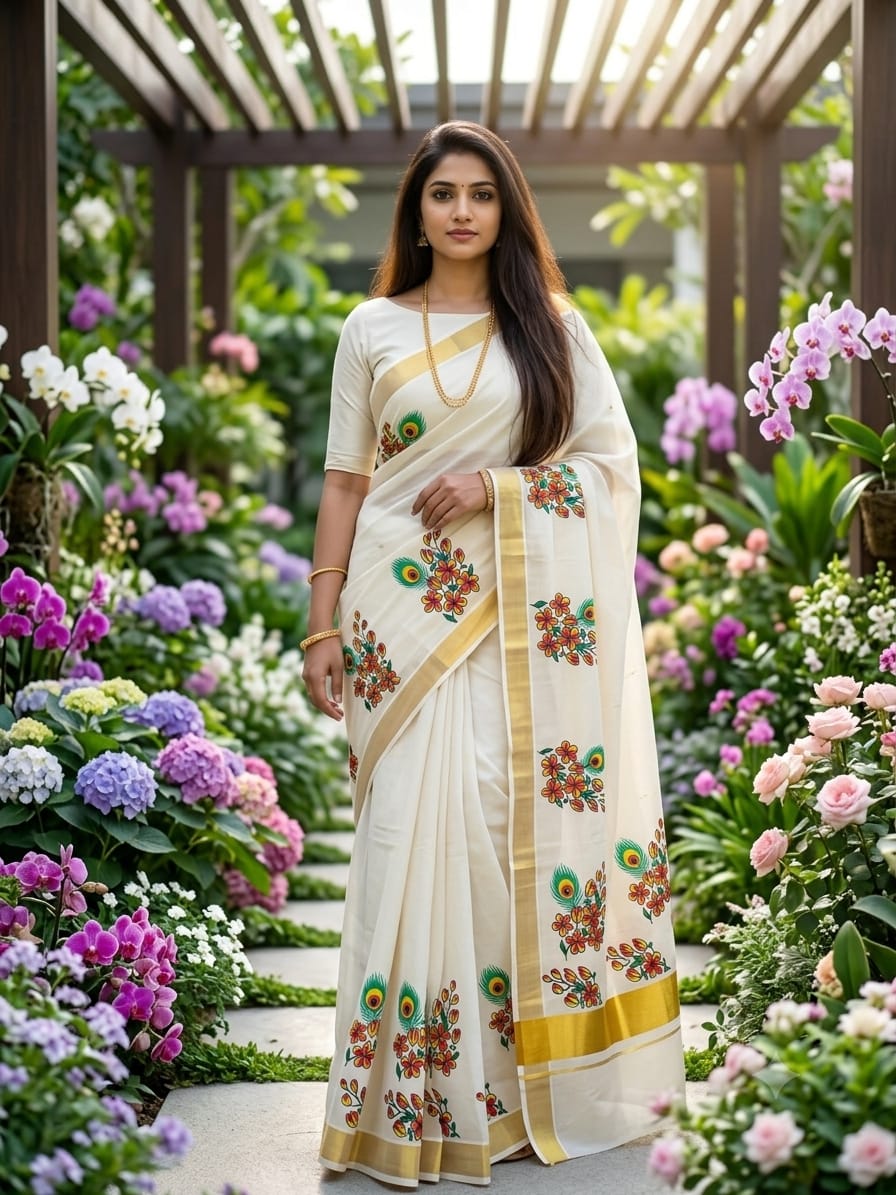 Pure cotton saree with floral prints and a plain running blouse