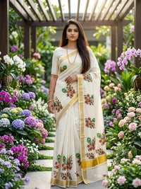 Pure cotton saree with floral prints and a plain running blouse