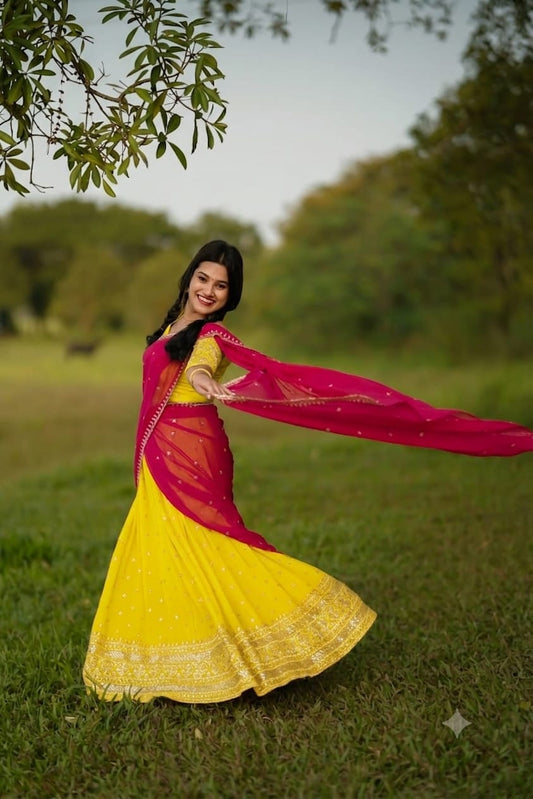 Georgette Dhavani With Sequence Work Skirt And Unstitched Blouse.