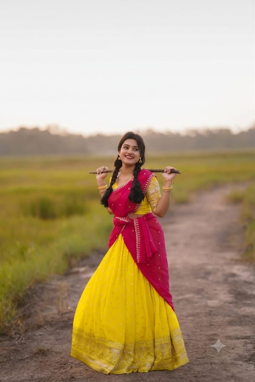 Georgette Dhavani With Sequence Work Skirt And Unstitched Blouse.