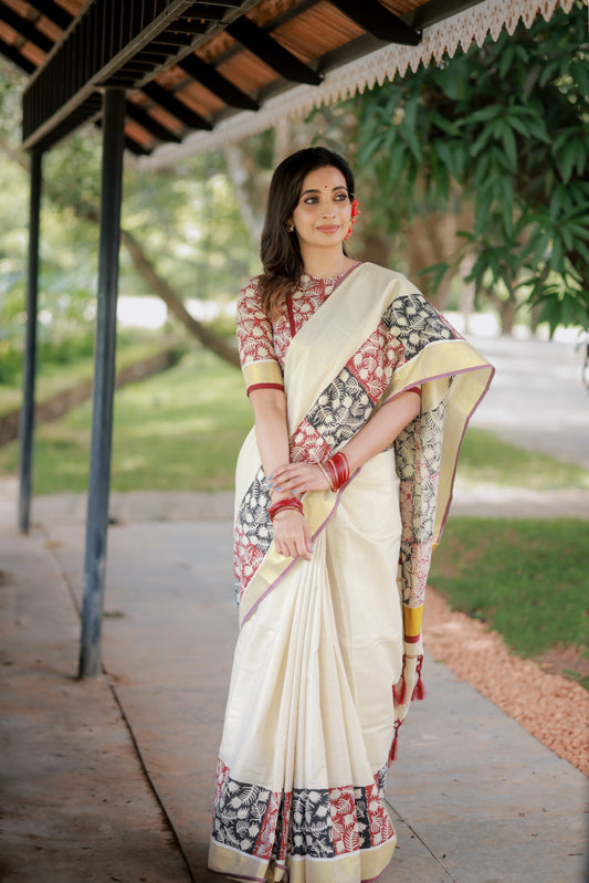 Premium gold tissue saree with maroon borders, hand block prints, and a fully printed blouse