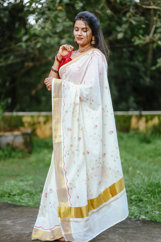 Pure cotton antique zari embroidery saree with running blouse