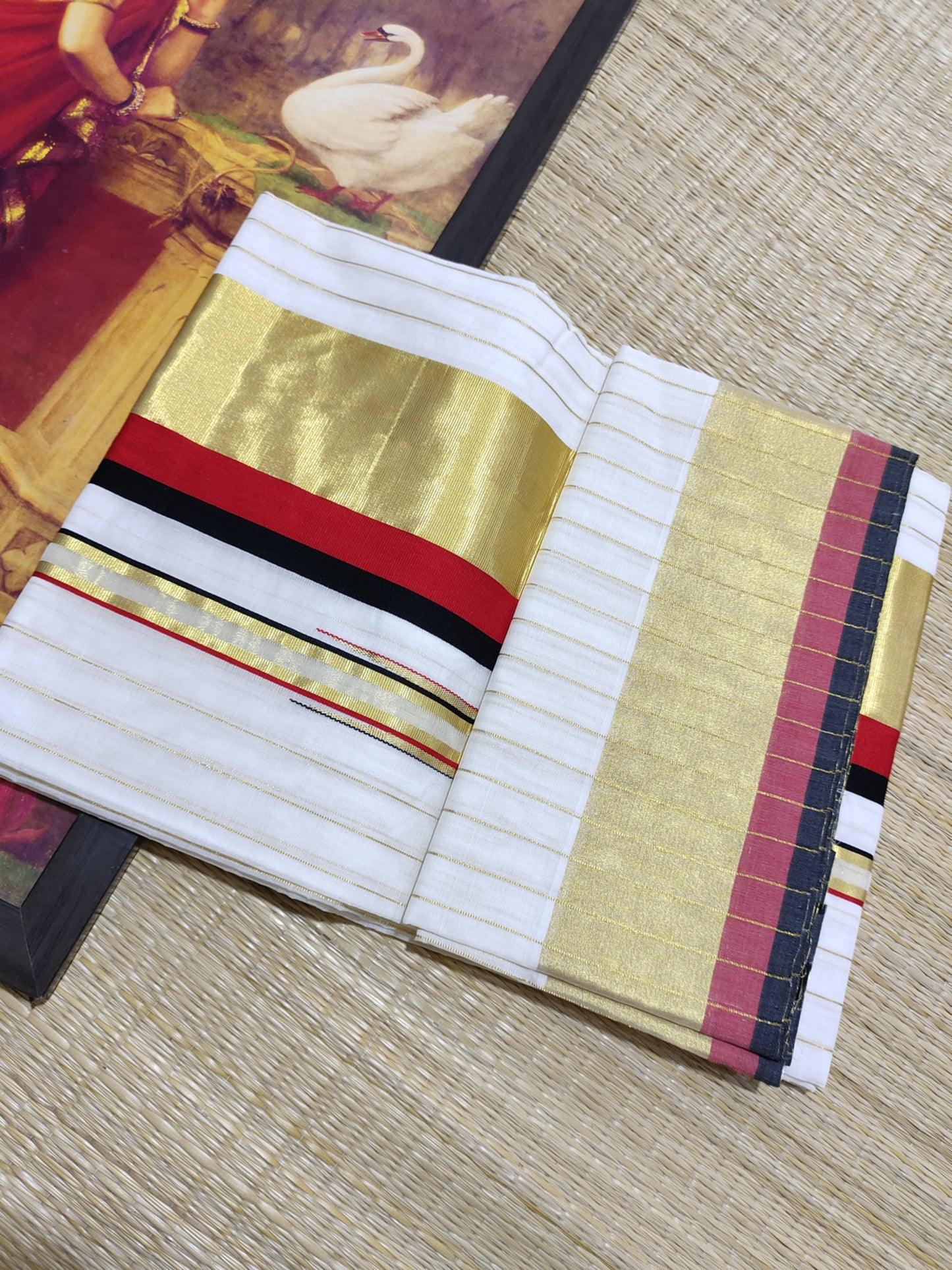 Kuthampully  handloom cotton saree with all-over Stripes -