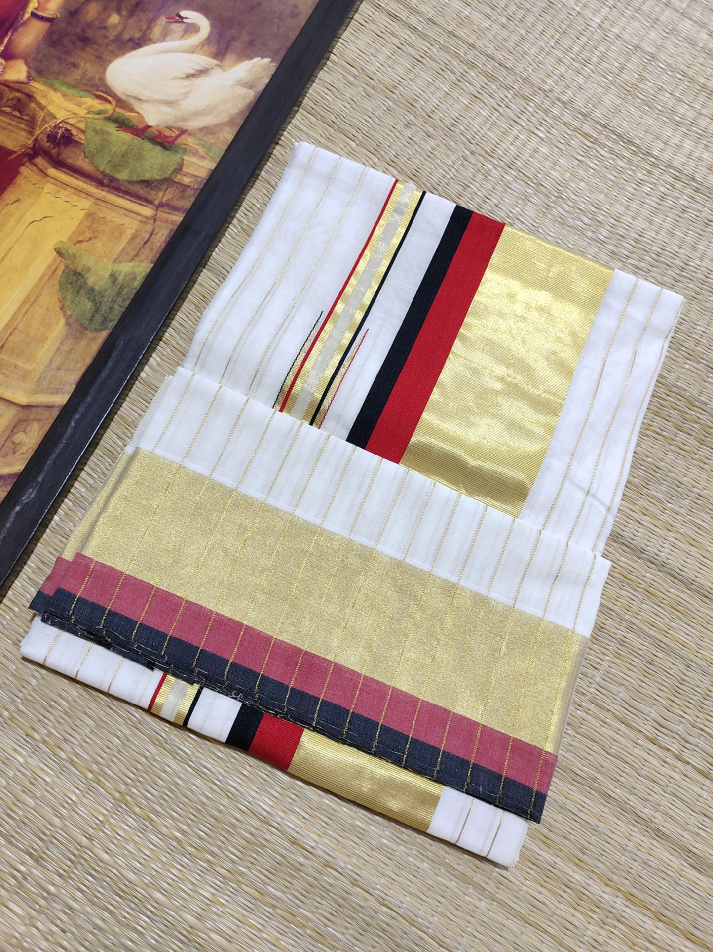 Kuthampully  handloom cotton saree with all-over Stripes -