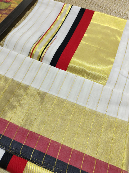 Kuthampully  handloom cotton saree with all-over Stripes -