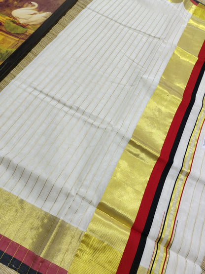 Kuthampully  handloom cotton saree with all-over Stripes -