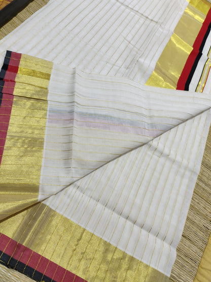 Kuthampully  handloom cotton saree with all-over Stripes -
