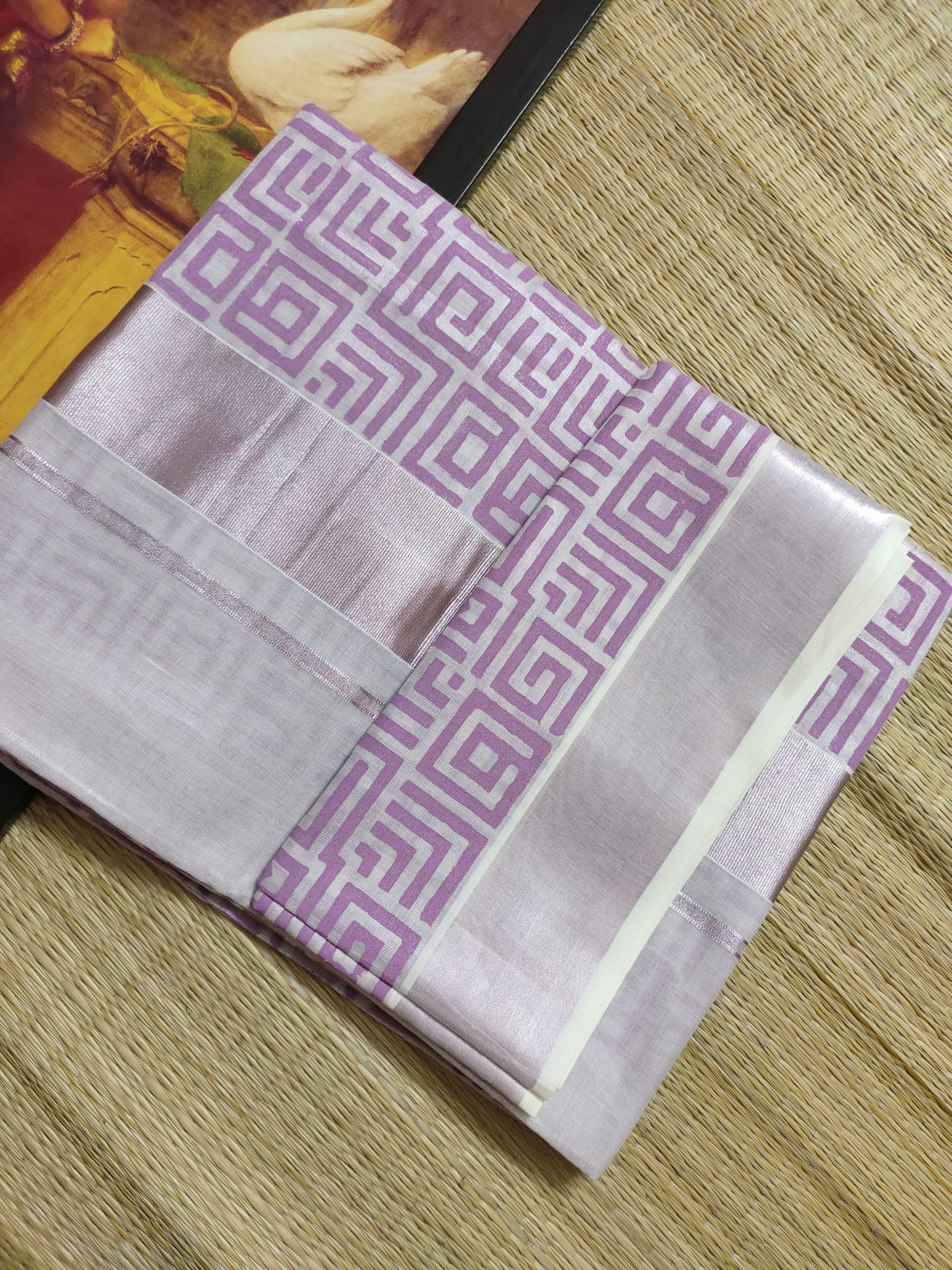 Rose gold tissue saree with hand block prints and fully printed blouse