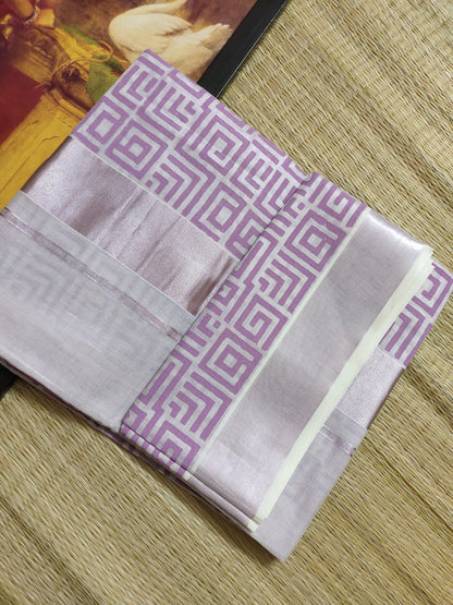 Rose gold tissue saree with hand block prints and fully printed blouse