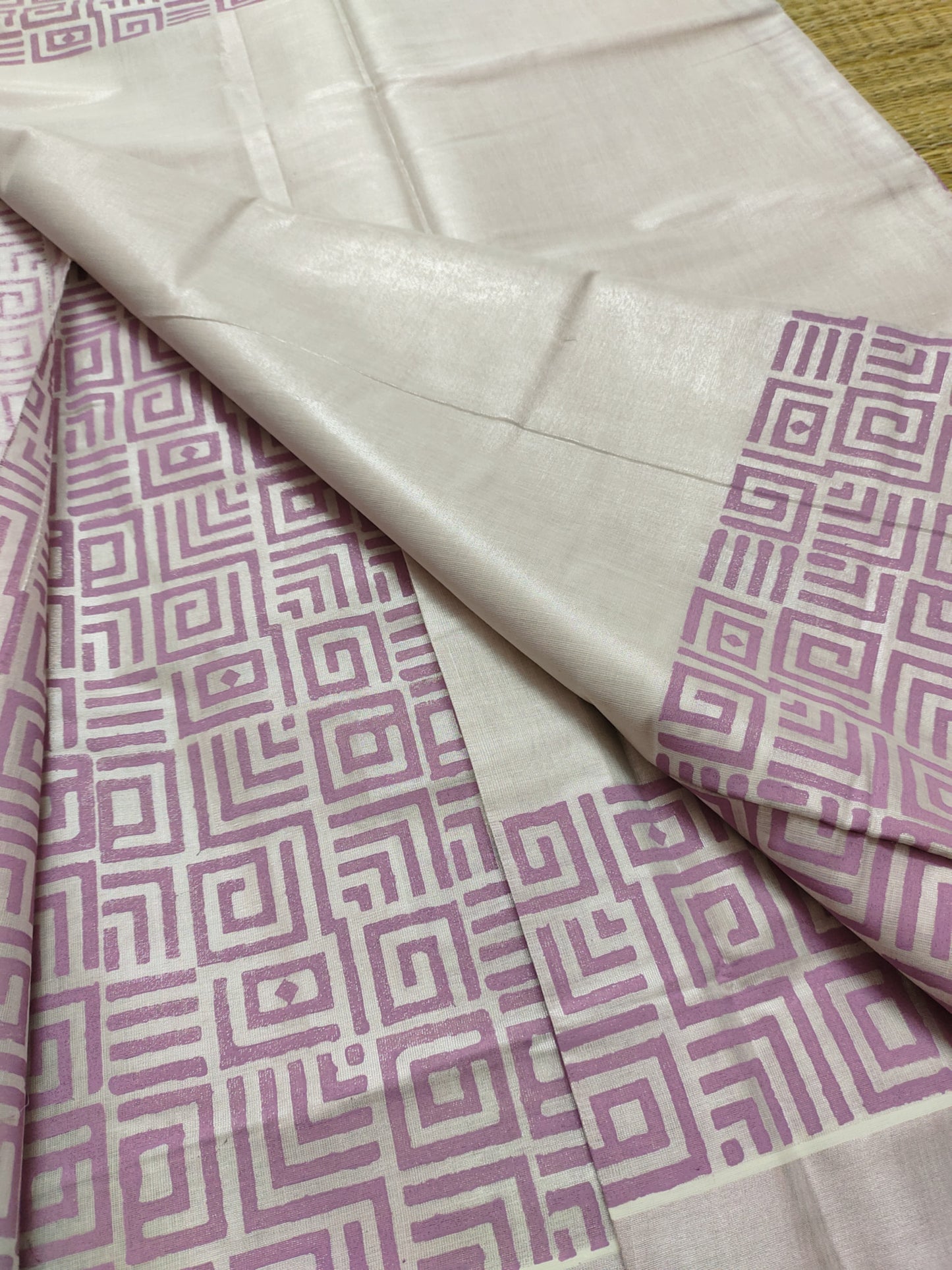 Rose gold tissue saree with hand block prints and fully printed blouse