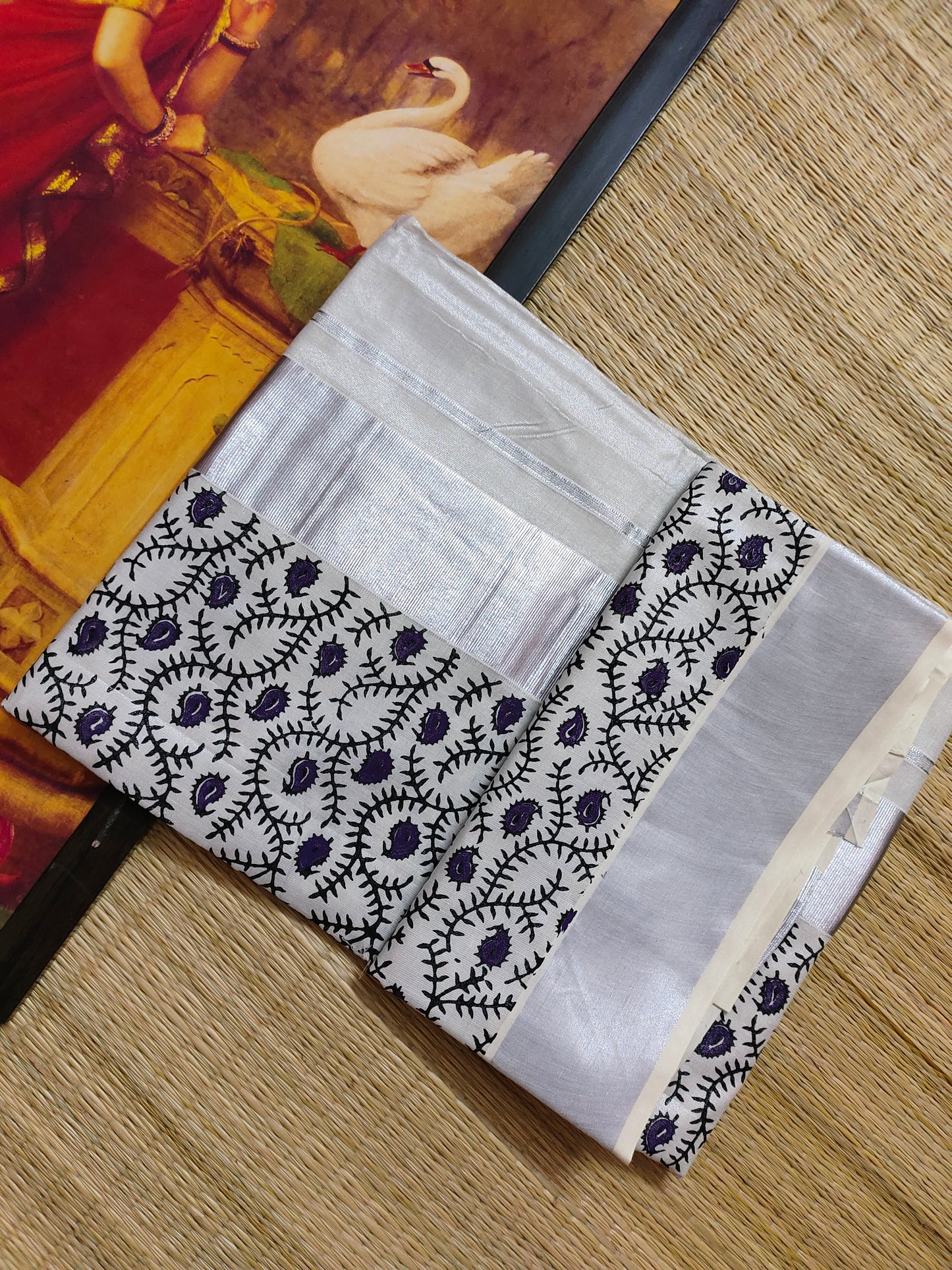 Silver Tissue Kasavu Saree with Hand Block Prints and printed running blouse