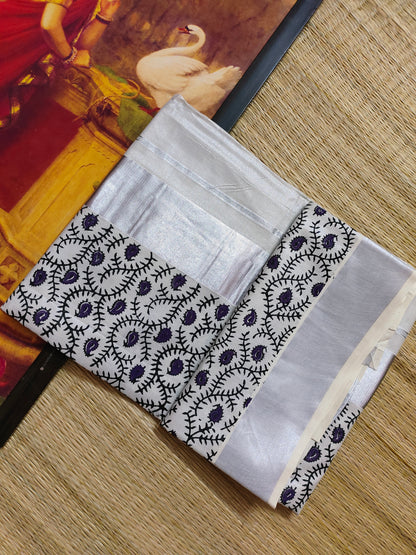 Silver Tissue Kasavu Saree with Hand Block Prints and printed running blouse
