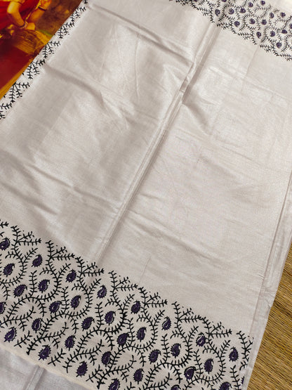 Silver Tissue Kasavu Saree with Hand Block Prints and printed running blouse
