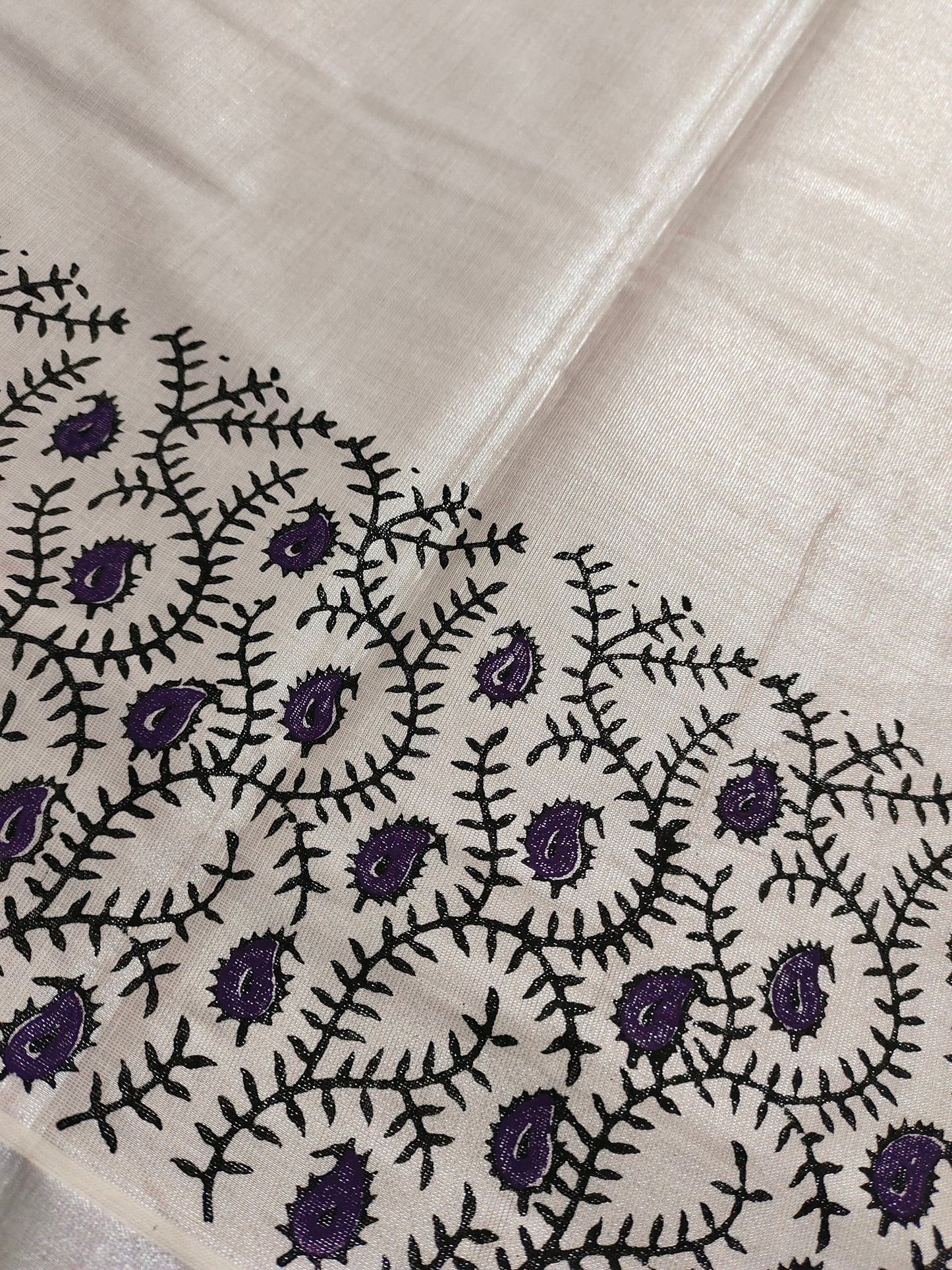Silver Tissue Kasavu Saree with Hand Block Prints and printed running blouse