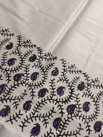 Silver Tissue Kasavu Saree with Hand Block Prints and printed running blouse