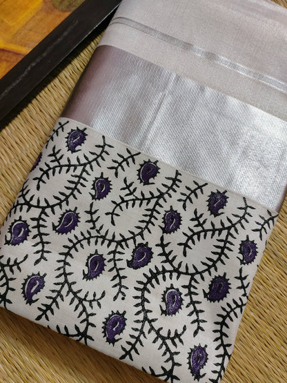 Silver Tissue Kasavu Saree with Hand Block Prints and printed running blouse