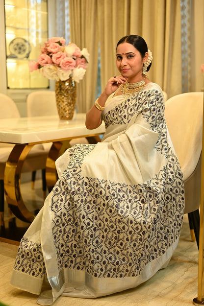 Silver Tissue Kasavu Saree with Hand Block Prints and printed running blouse